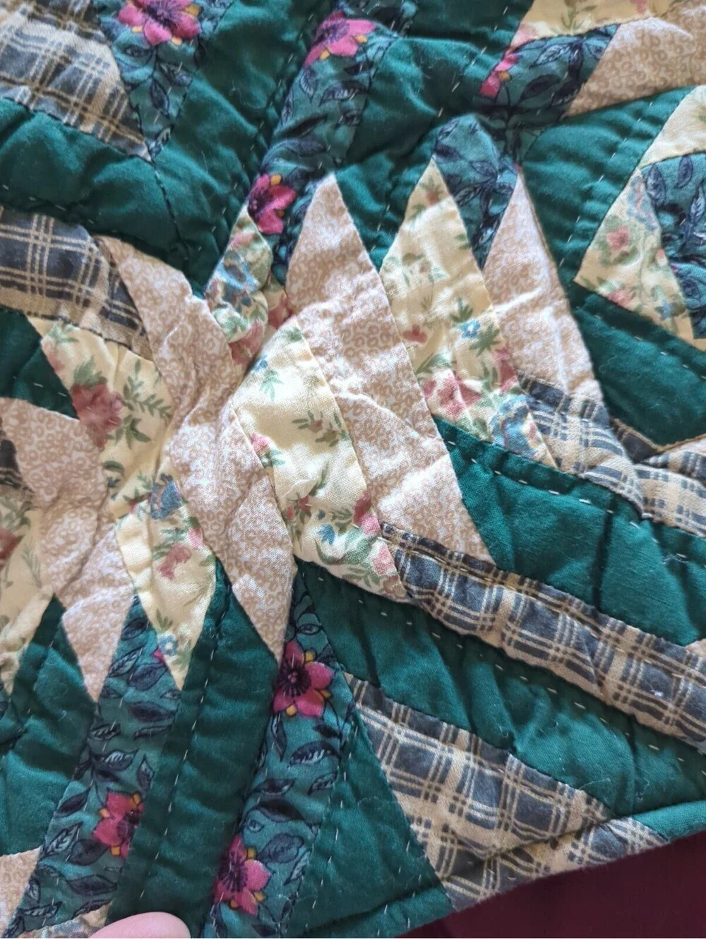 Vintage primitive Pineapple Log Cabin variation quilt block fragment Handmade